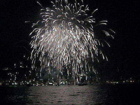 Fireworks going off over the sea off the coast of Ito